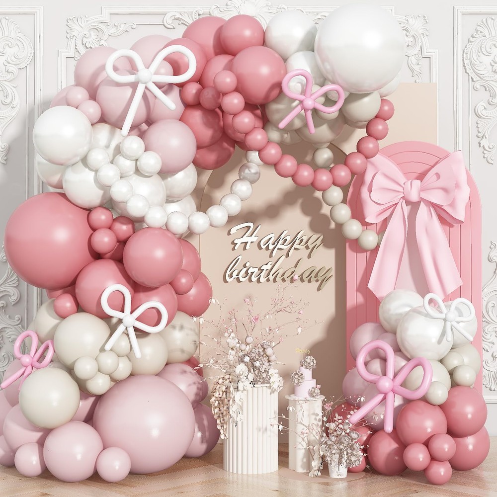 Pink and White Balloons Arch, Dusty Pink Bow Balloons Garland, Blush Beige Cr…
