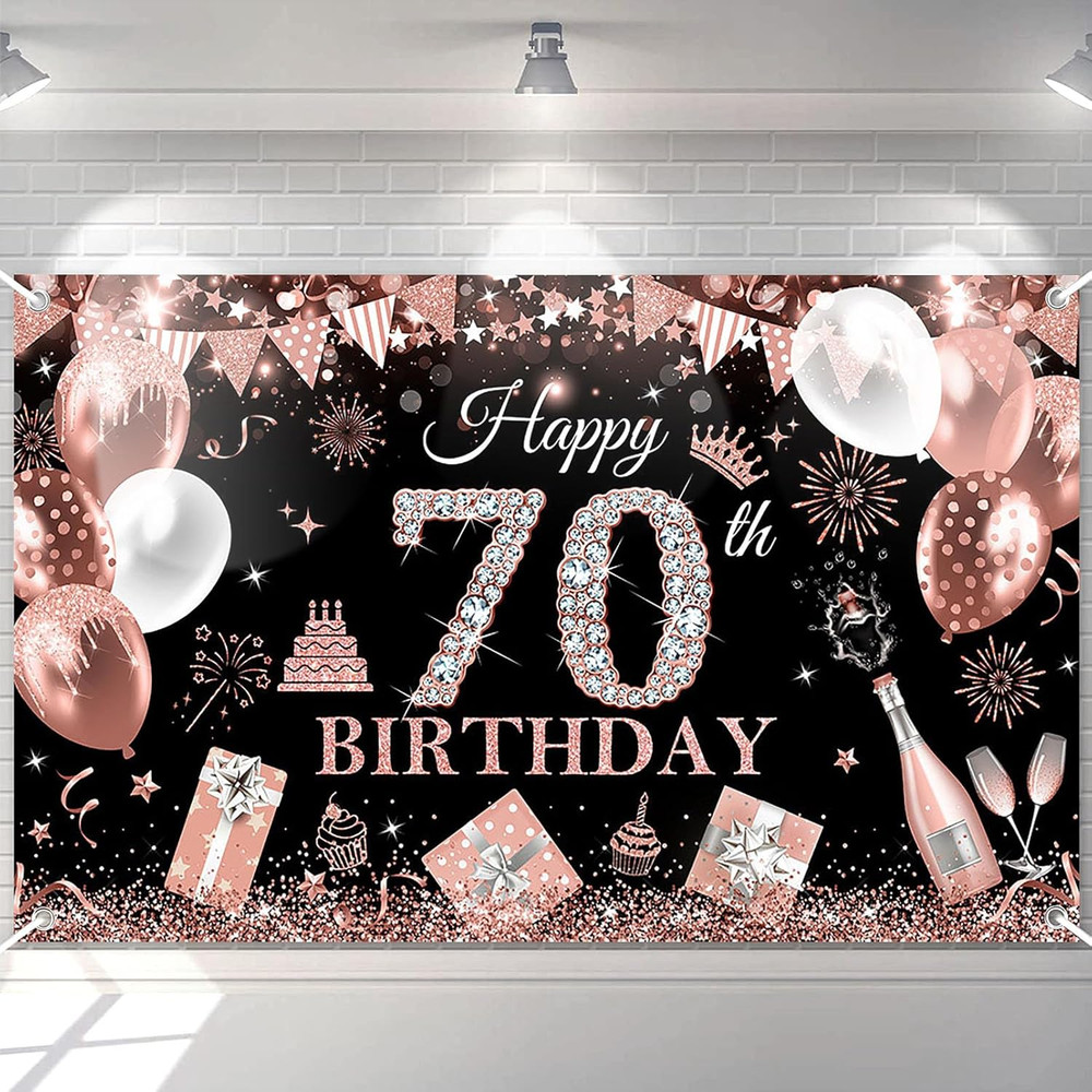 Happy 70Th Birthday Banner for Women Black and Rose Gold Glitter Balloon 70 Birt