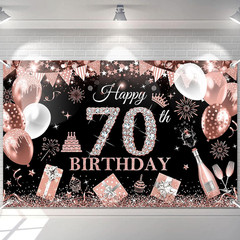 Happy 70Th Birthday Banner for Women Black and Rose Gold Glitter Balloon 70 Birt