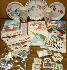 UNICORN Birthday Party Supply lot: Plates Cups Napkins Tablecover Balloon Banner