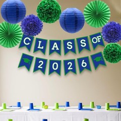 Blue Green Graduation Party Decoration Class Banner Hanging Pom Poms Flowers …