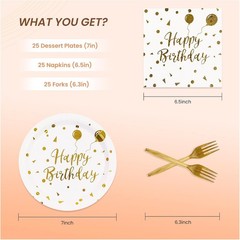 75PCS Happy Birthday Paper Plates – 7 Inch White Gold Dot Paper Plates and 6.5