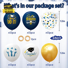 2026 Graduation Party Decorations, 68Pcs Graduation Balloons Blue and Gold Grad