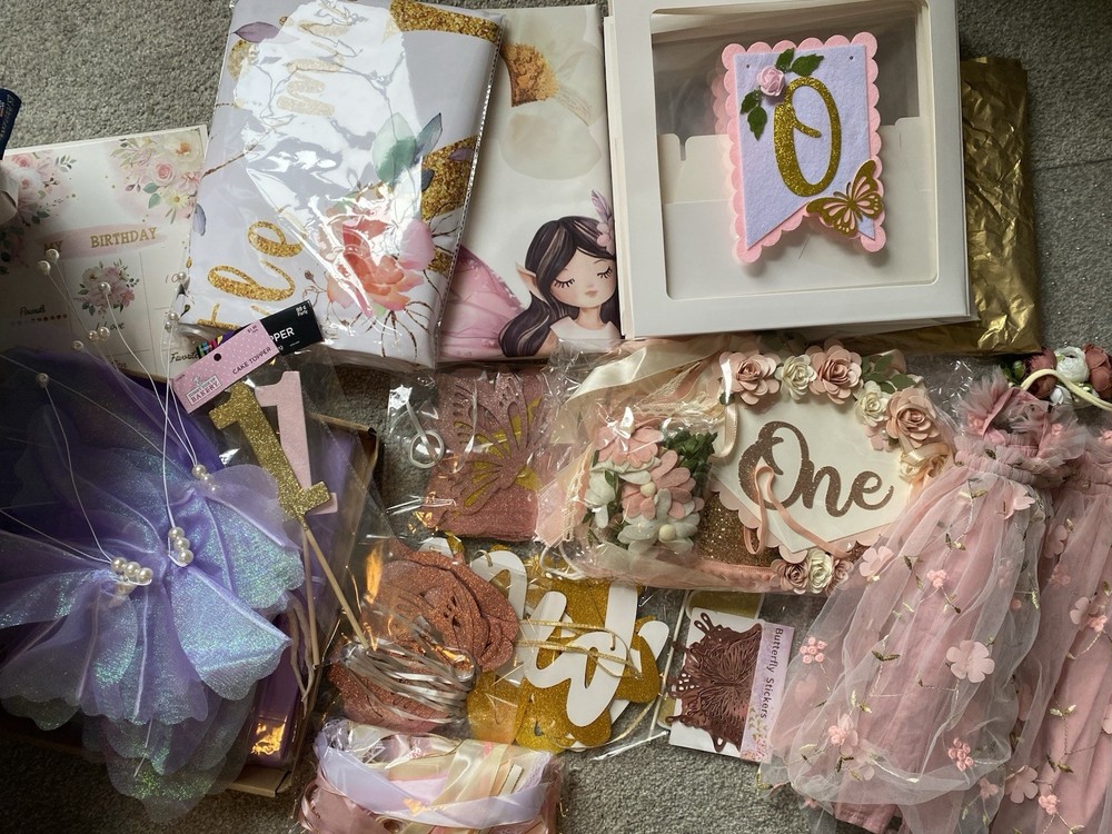 Fairy 1st Birthday Party Decoration Set Pink Gold White Floral Backdrop Banners