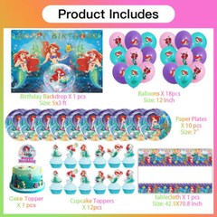 Ariel Princess Party Supplies Set Plate Balloon Banner Cake Topper Birthday Gift