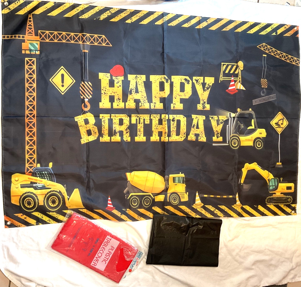 Fabric Construction Themed Happy Birthday Banner w/ 2 Plastic Tablecloth BLK Red