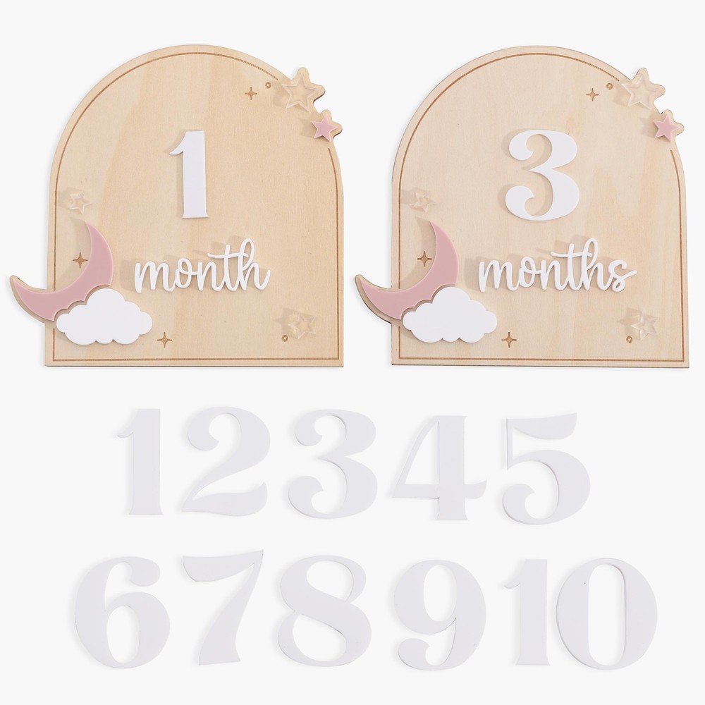 Wood Celestial Monthly Milestone Discs – Moon and Stars Monthly Discs for Pho…