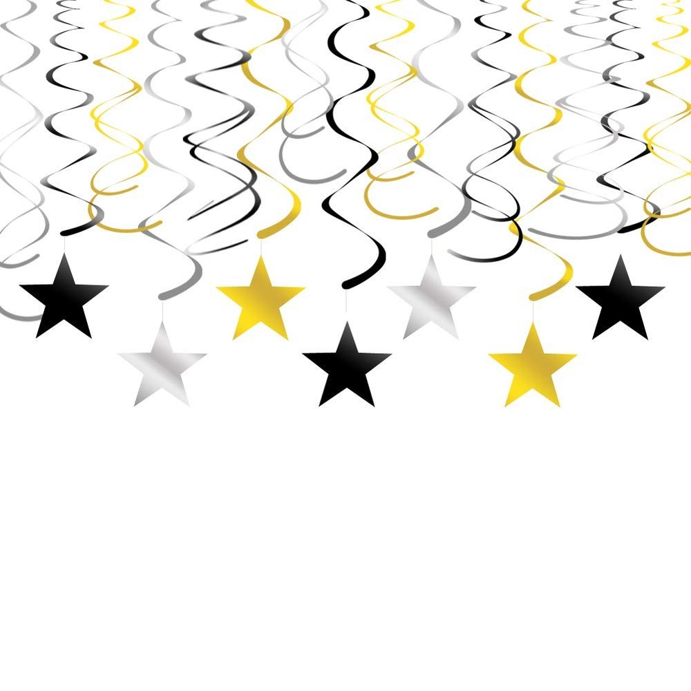 Gold Silver Black Star Hanging Swirl Metallic Plastic Streamer Party 30 PCS