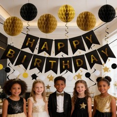 Birthday Banner Decorations with Honeycomb Balls, Stars, Circle Dots Garland …