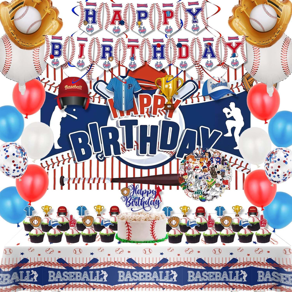 Baseball Party Decorations Includes Cake Toppers, Banner, Hanging Swirls, Tablec