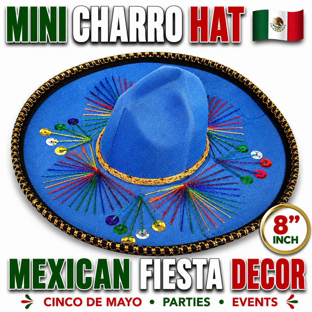 Mini Mexican Charro Sombrero Hat 8″ Blue Fiesta Party Decor Cinco De Mayo