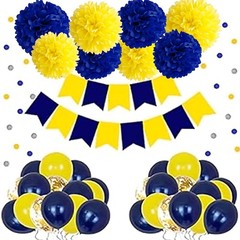 Navy Blue Yellow Tissue Paper Pom Poms Ceiling Wall Hanging 8 10 12 In 12 PCS