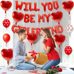 2 Set 16 Inch Will You Be My Girlfriend Balloons Banner, Red Proposal Letter Bal