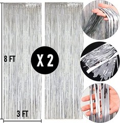 2 Pcs Silver Metallic Foil Fringe Curtains Tinsel Backdrop for Photo Booth Party
