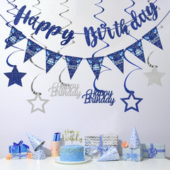 Blue Silver Birthday Decorations for Men Women, Happy Birthday Banner Hanging