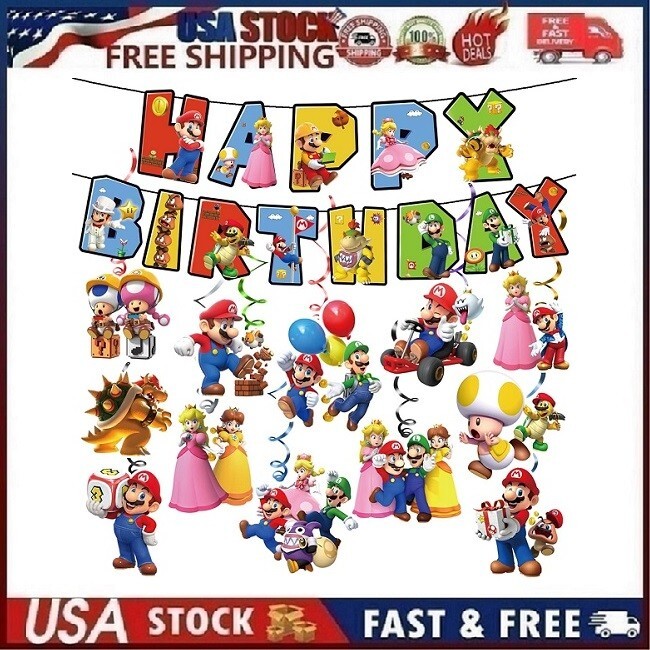 Mario Bros. Birthday Banner Swirl Decorations for Super Mario Themed Party