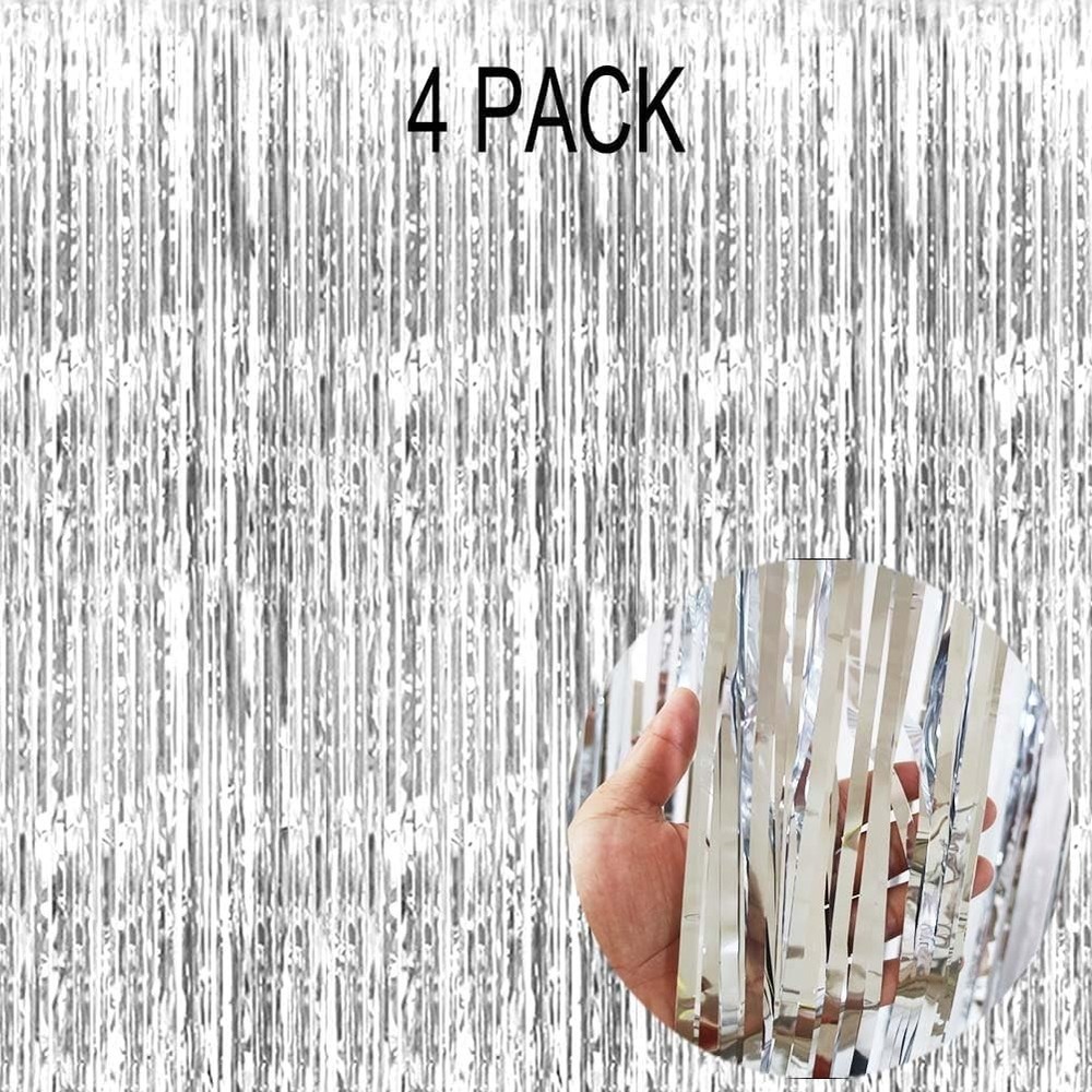 4 Pack Silver Foil Fringe Curtain – Metallic Tinsel Streamer Backdrop