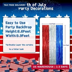 4th of July Decorations, 3 Pack Red White and Blue Tinsel Foil Fringe Curtains,