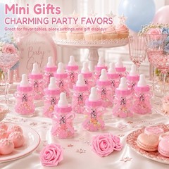 24 Pink Mini Baby Bottle Candy Boxes with 5 Handmade Roses – Baby Shower Favors