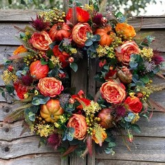 Pumpkin Wreath for Entryway Decor with Hanging Loop 45cm Rattan Base