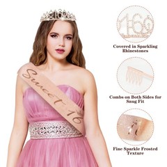 Sweet 16 Birthday Decorations Set, 52Pcs Rose Gold & Black, Crown, Sash, Banner,