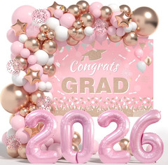 Graduation Decorations Class of 2026: Pink and Gold Graduation Balloons Arch Kit