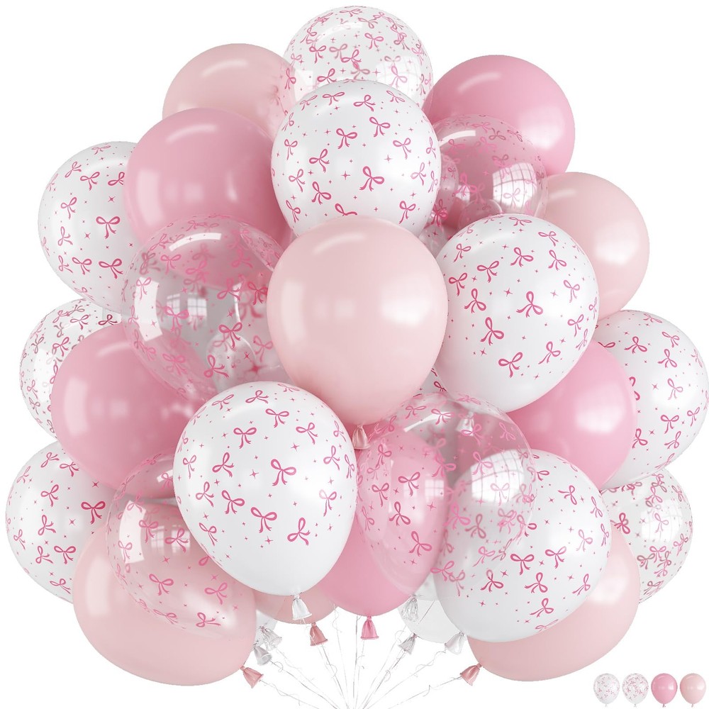 Pink Bow Balloons,60Pcs 12Inches Latex Balloons for Bachelorette,Bridal Engag…