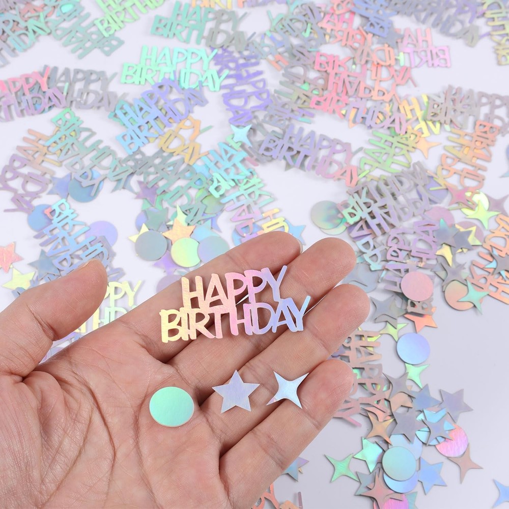 280Pcs Iridescent Confetti – Happy Birthday, Circle, Star Shapes – Paper Materia