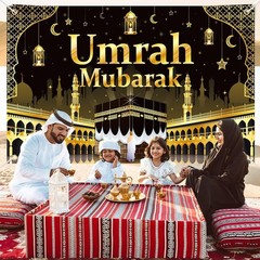 Umrah Mubarak Banner Party Decorations, Gold & Black Backdrop Islamic Party Sup