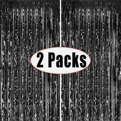 Fecedy 2pcs 3ft x 8.3ft Black Metallic Tinsel Foil Fringe Curtains Photo Booth P