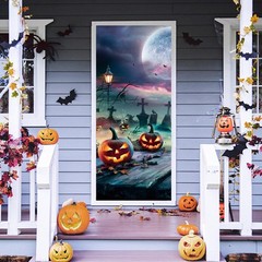 Halloween Decorations Horror Moon Night Pumpkins Bats Door Cover Banner 71X29.5″