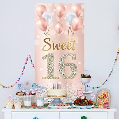 Sweet 16 Birthday Decorations Door Banner for Girls, Pink Rose Gold Happy 16t…