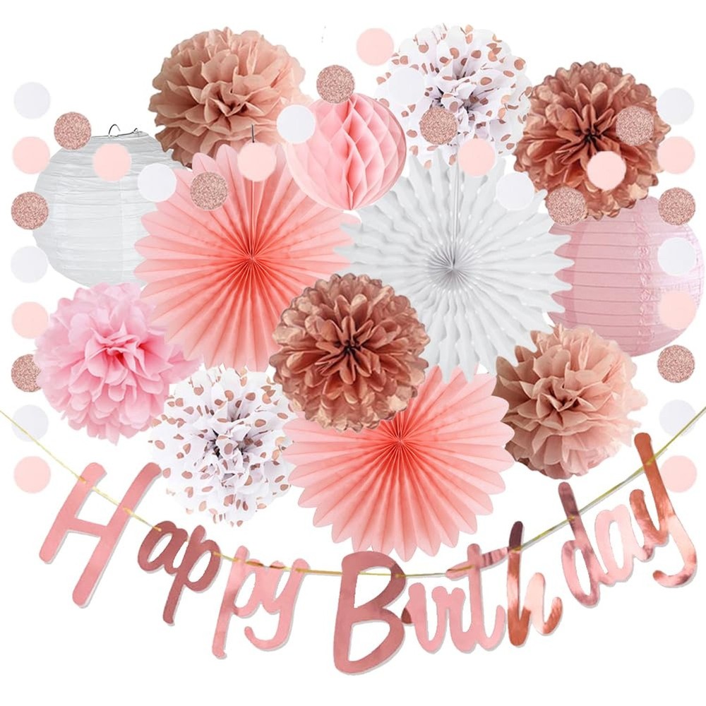Pink White Rose Gold Birthday Decorations Rose Gold Happy Birthday Banner Pin…