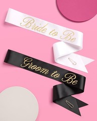 2 PCS Bride And Groom Sash Duo White Black Satin Gold Foil Wedding Party