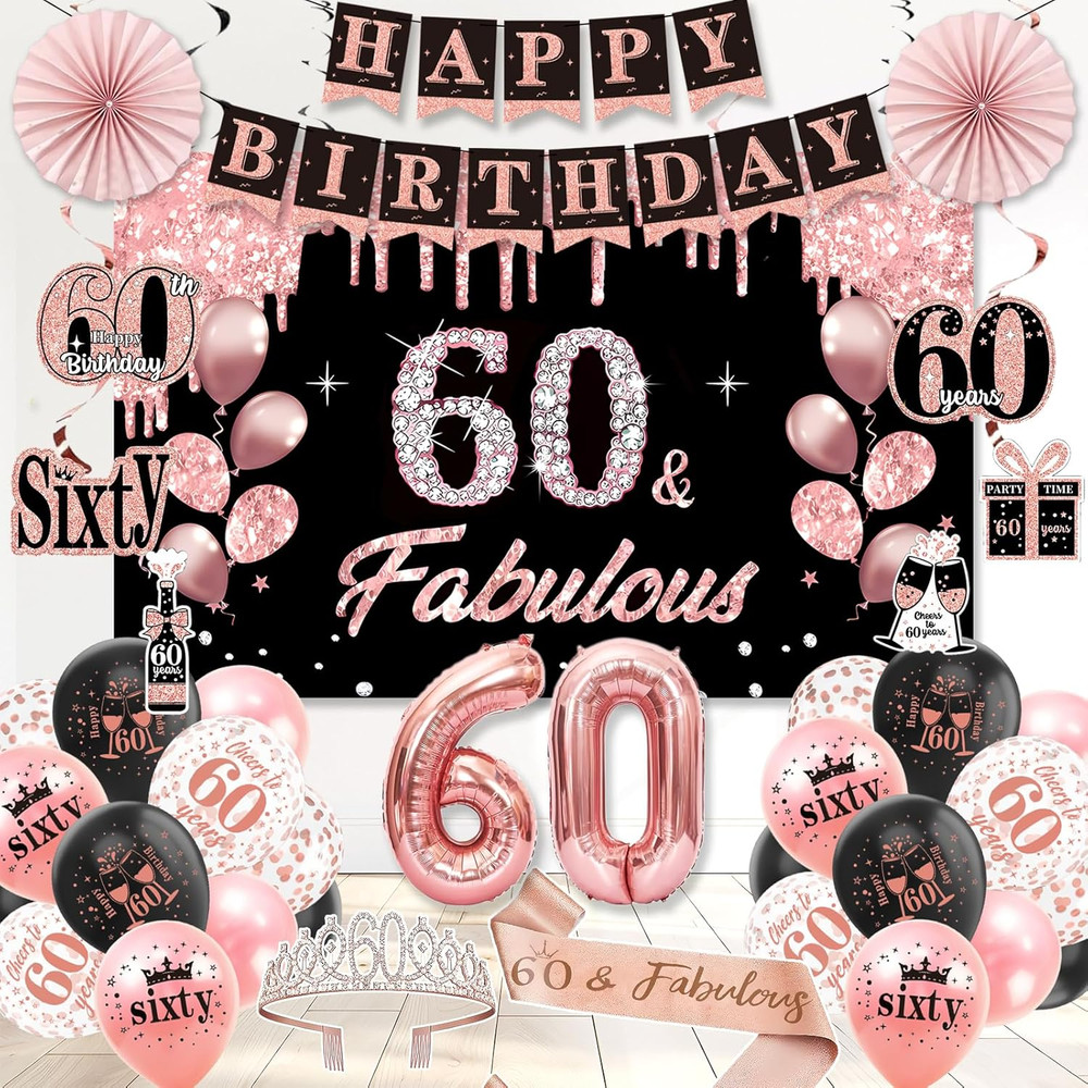 60Th Birthday Decorations for Women, 60Th Birthday Party Supplies Set Black Rose
