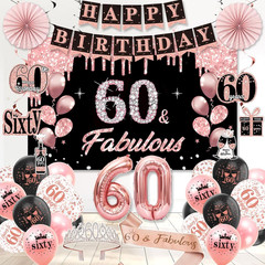 60Th Birthday Decorations for Women, 60Th Birthday Party Supplies Set Black Rose