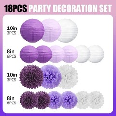 18 PCS Purple White Lanterns & Tissue Pom Poms for , Baby Shower, Wedding, Br…