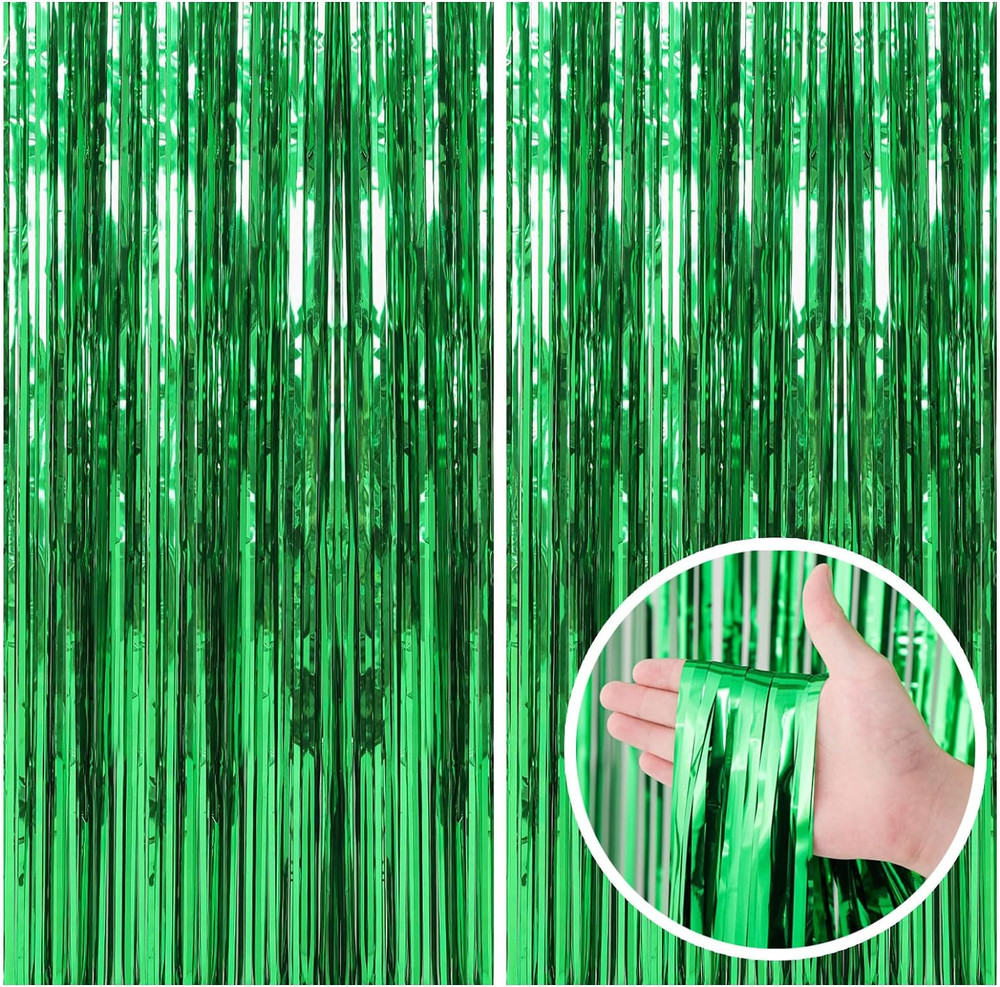2 Pack Green Streamers Backdrop Jungle Party Decorations Foil Fringe Backdrop Cu