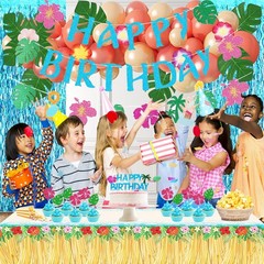 Hawaiian Party Decorations Set – 35 Pcs Balloons, 2 Foil Curtains, Table Cloth