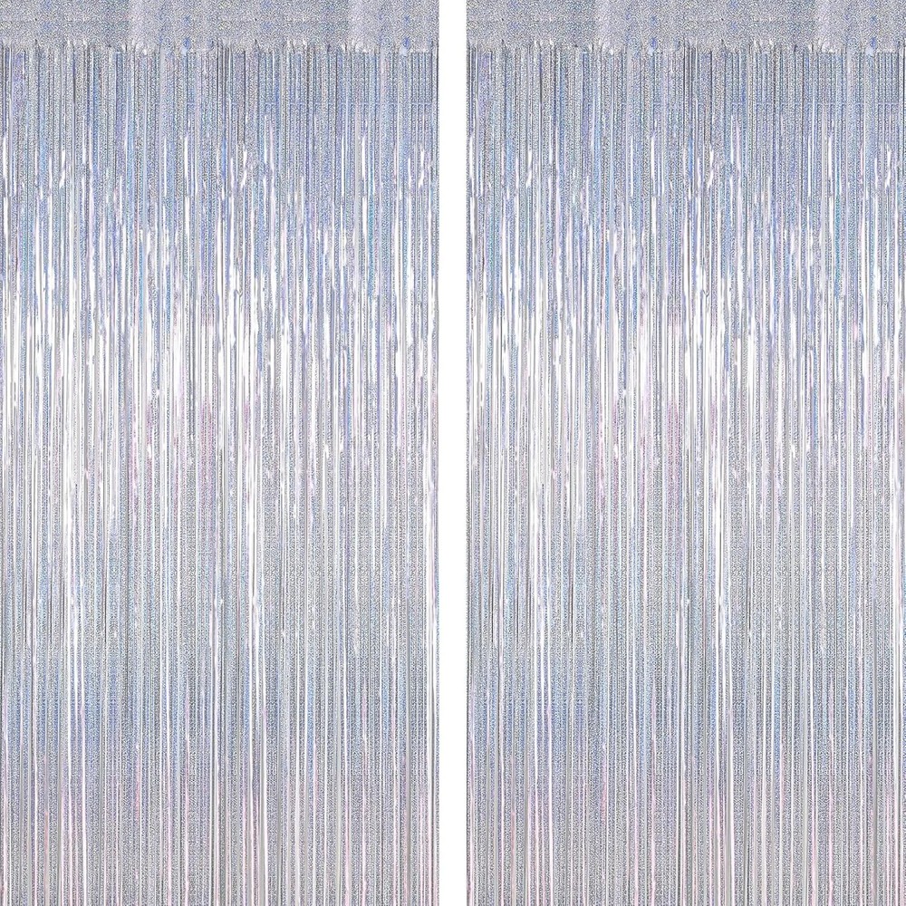 2 Pack Silver Metallic Tinsel Foil Curtains, 3.28 FT x 7.05 FT Glitter Silver Fr
