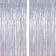 2 Pack Silver Metallic Tinsel Foil Curtains, 3.28 FT x 7.05 FT Glitter Silver Fr