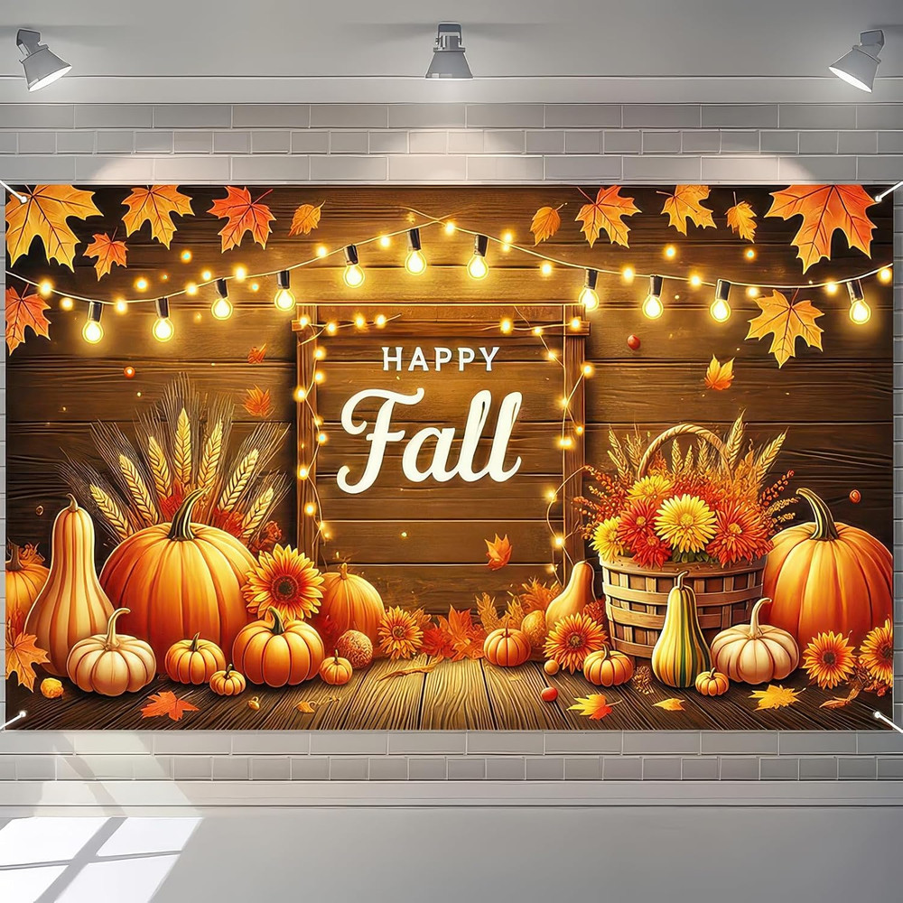 Autumn Happy Fall Banner 71×43″ – Thanksgiving Outdoor Decor with Pumpkins & Lea