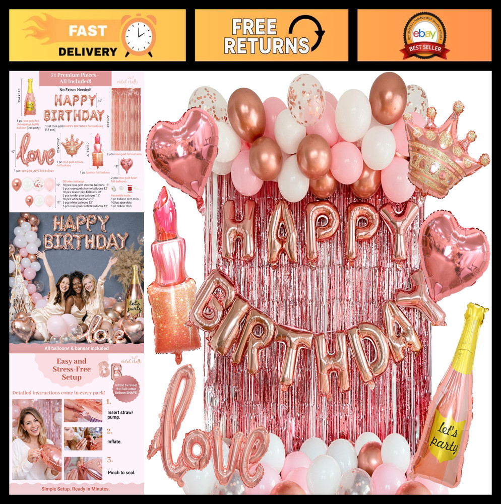 71-Piece Rose Gold Birthday Party Decorations – Balloons, Banner, Backdrop & Cur