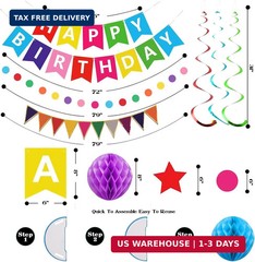 Colorful Birthday Decorations, Happy Birthday Banner with Honeycomb Balls, Stars
