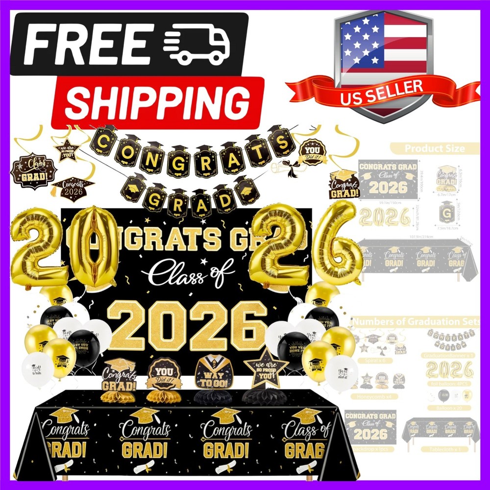 Graduation Decorations 2026 Set Black Gold with Congrats Grad Banner Backdrop…