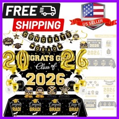 Graduation Decorations 2026 Set Black Gold with Congrats Grad Banner Backdrop…