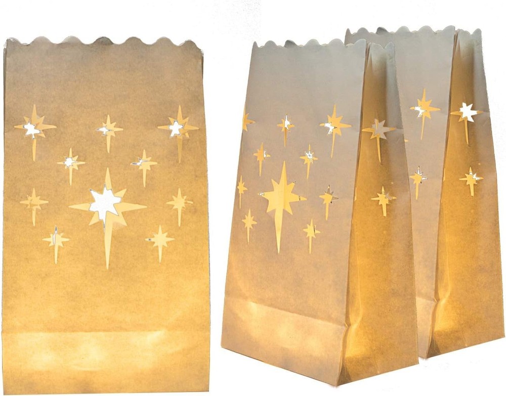 White Luminary Bags Upgraded Moisture-Proof Candle Bags Stars Design Luminaries
