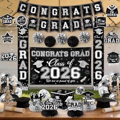 Class of 2026 Graduation Decorations Black & Silver All-in-1 Banner Balloon Kit