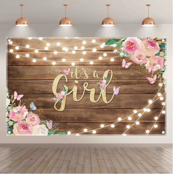 (2D Flat) 96×60 inch, Floral It’s a Girl Baby Shower Photography Backdrop