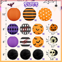 16Pcs Halloween Decorations Paper Lanterns Set | Pom Poms and Hanging Swirls for